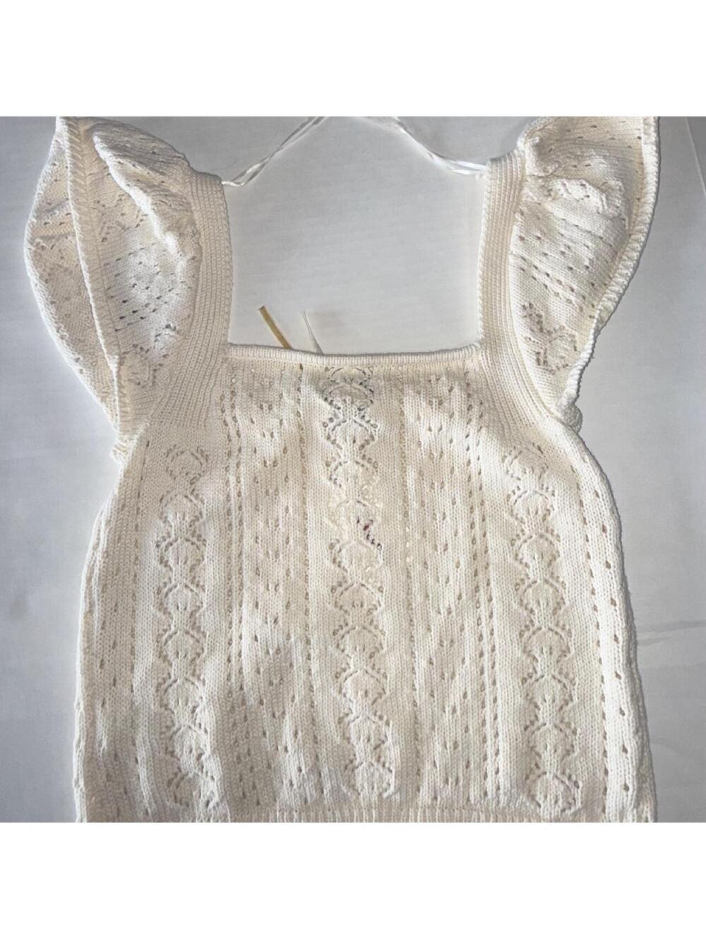 NWT Haute Hippie M Ivory Pointelle Knit Flutter Sleeve Top Velvet Bow Coquette - Picture 3 of 8